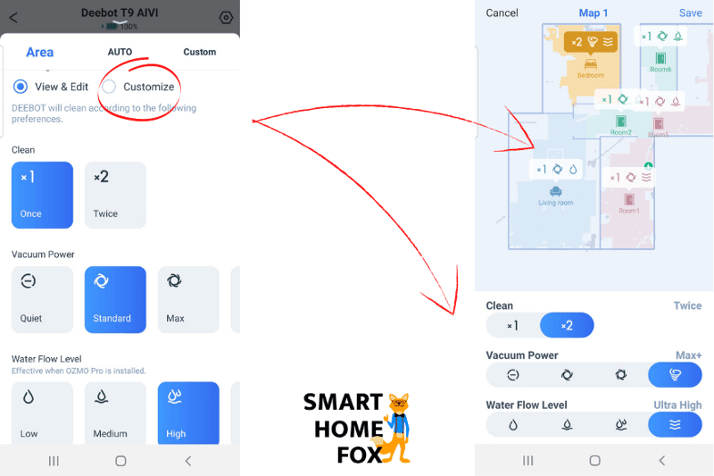 In der Ecovacs Home App wird die Wasserabgabe für jeden Raum einzeln festgelegt.